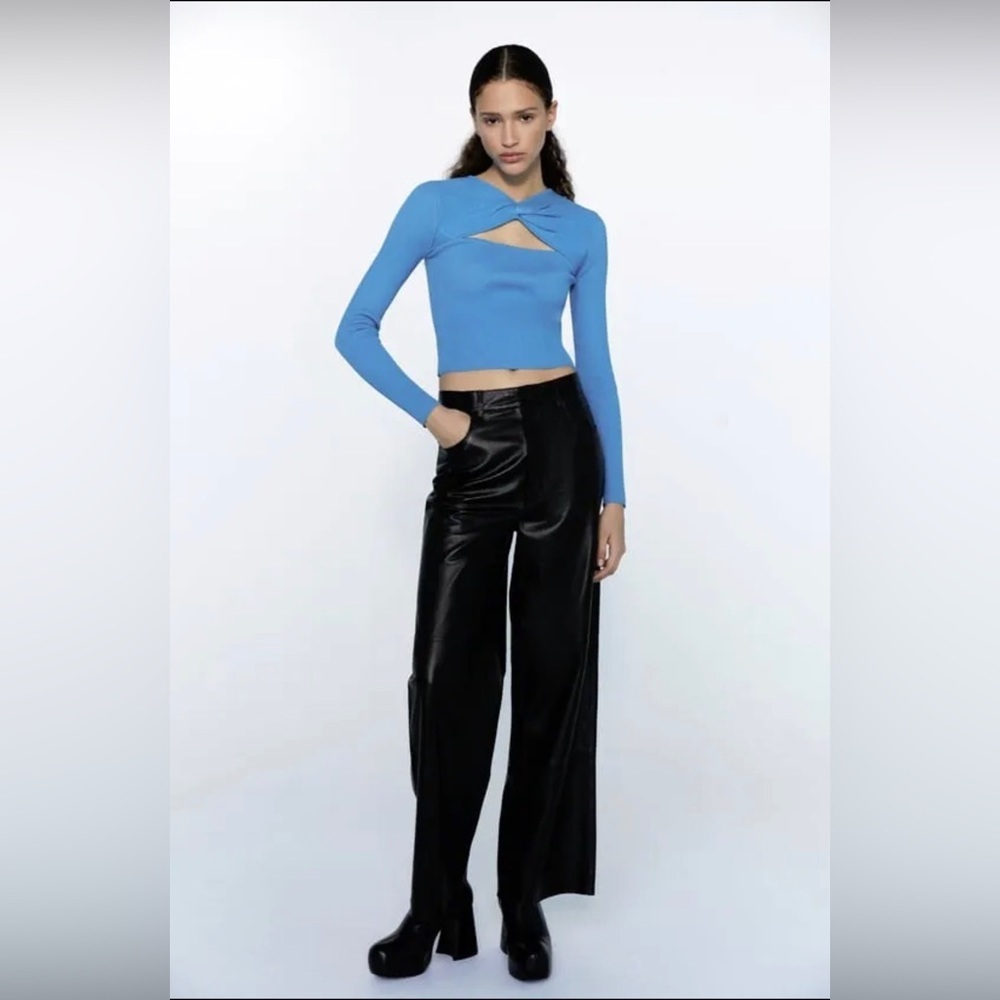 NEW ZARA Cut Out Cable Knit Crop Top Blue Shirt Size M 2298/109